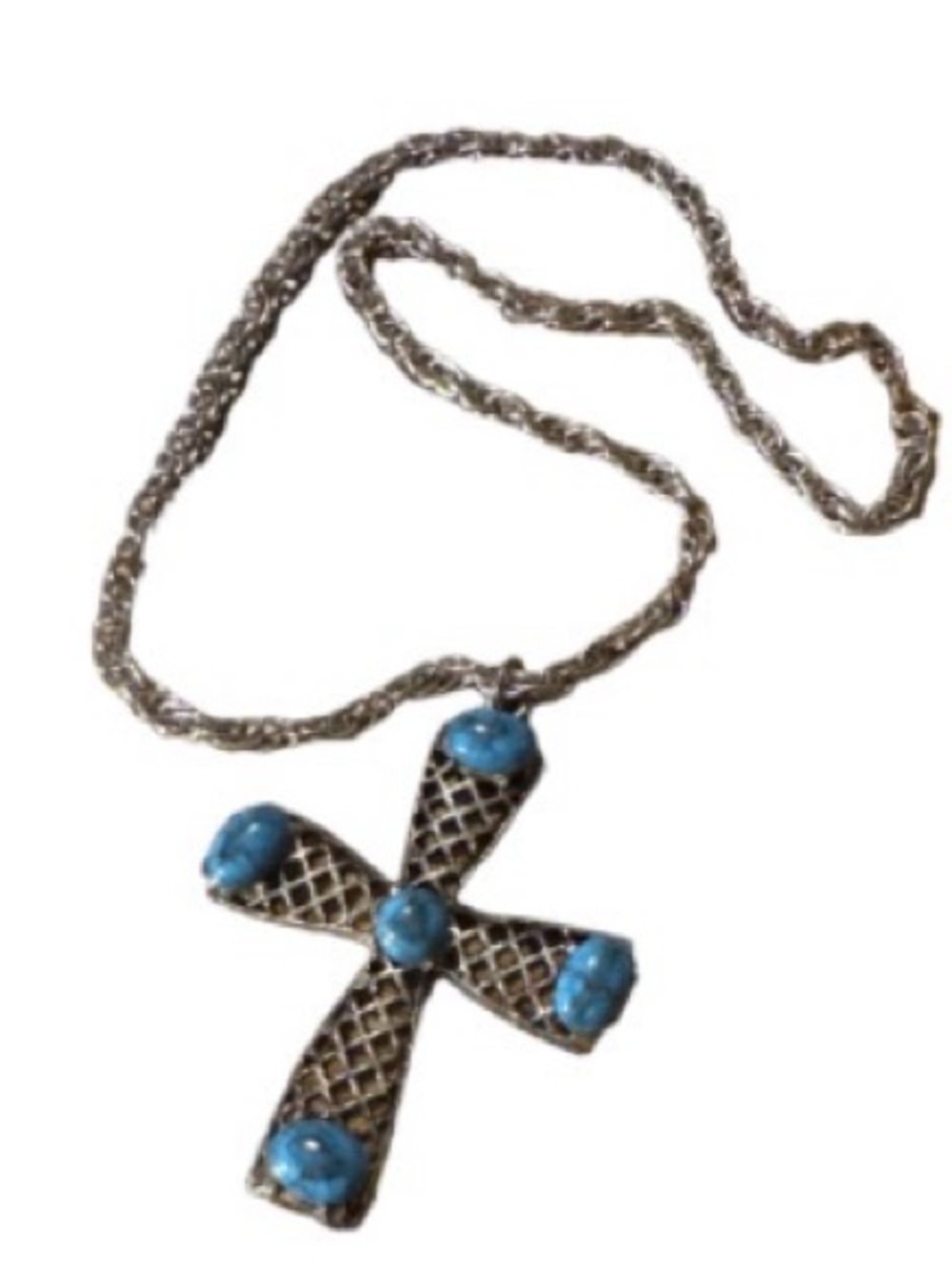 Silver-Tone Cross Pendant Necklace with Turquoise Accents